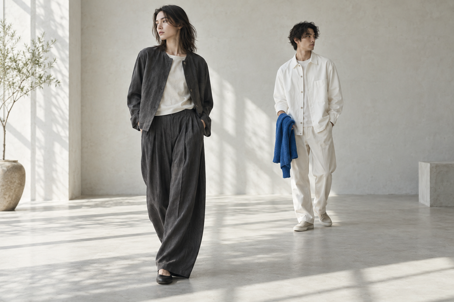 白とチャコールのゆとりある服を着た二人のモデル。青を差し色にしたファッションデザインのコンセプトビジュアル