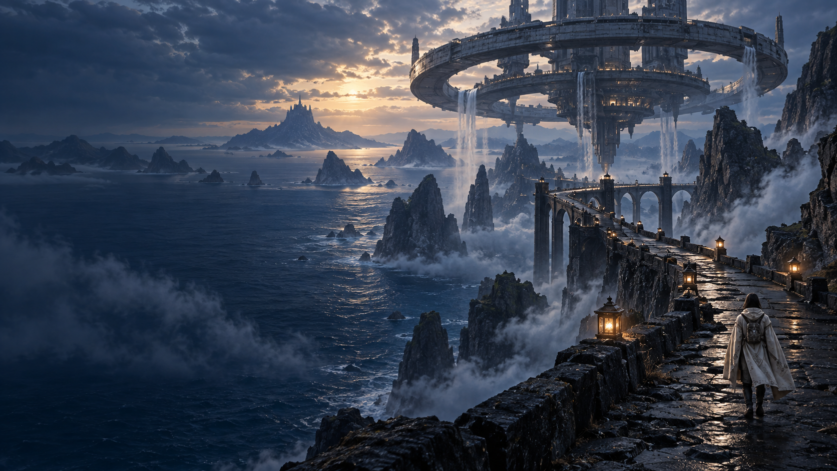 青い海上に浮かぶ巨大な観測施設に向かう探検者。架空ゲームの世界観デザイン